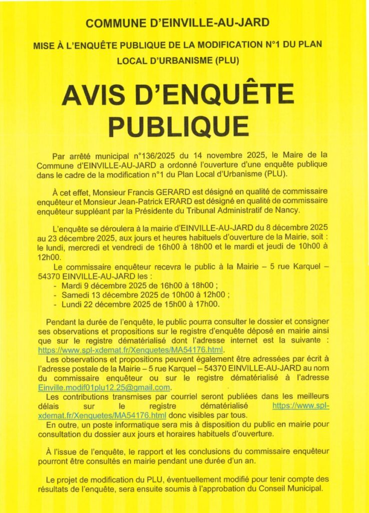 ENQUETE PUBLIQUE  MODIFICATION 01 DU PLU